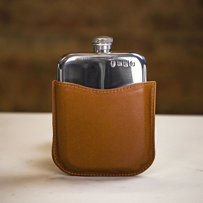 English Pewter Co Pewter Hip Flask with Brown Leather Sleeve - 6oz main product photo