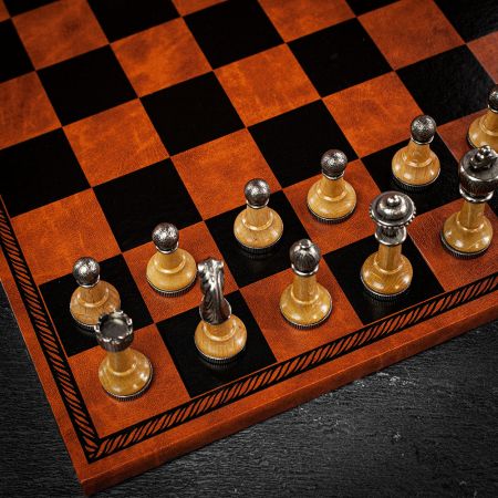 Italfama Metal and Wood Pieces With Brown Leatherette Chess Board - Large