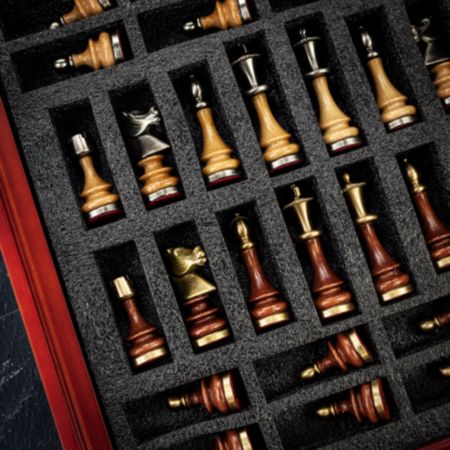 Italfama Solid Brass &amp; Wood Staunton Chess Pieces in Wooden Storage Box - Medium