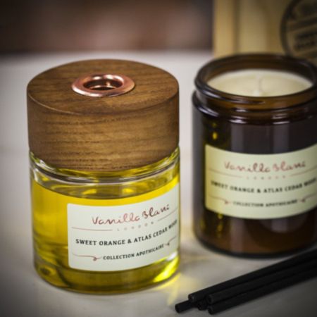 Vanilla Blanc Natural Sweet Orange and Atlas Cedar Wood Reed Diffuser and Candle Gift Set 