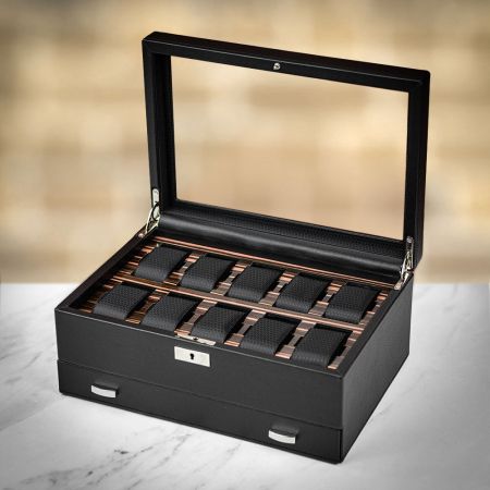 WOLF 10pc Watch Box with Drawer - Black Ebony Macassar