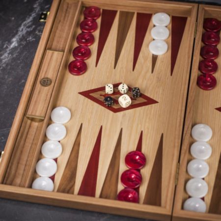 Manopoulos Oak Backgammon Set with Inlaid Red and Walnut Points - Tournament