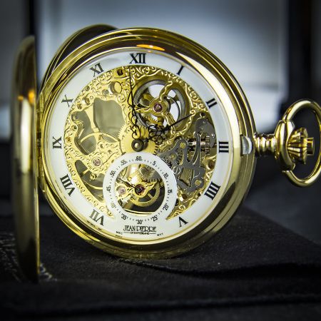 Jean Pierre Double Hunter Skeleton Gold Plated Pocket Watch