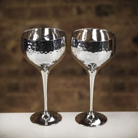 Culinary Concepts Pair of Large Silver Plated Hammered Wine Chalices