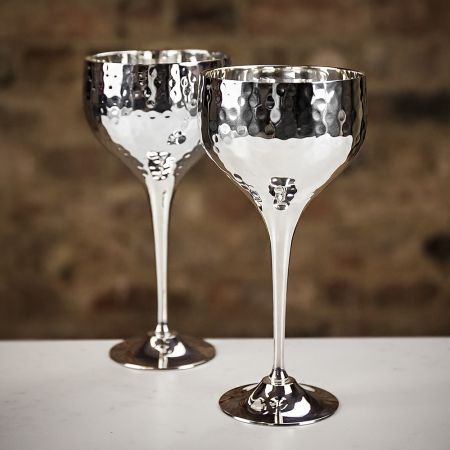 Culinary Concepts Pair of Large Silver Plated Hammered Wine Chalices